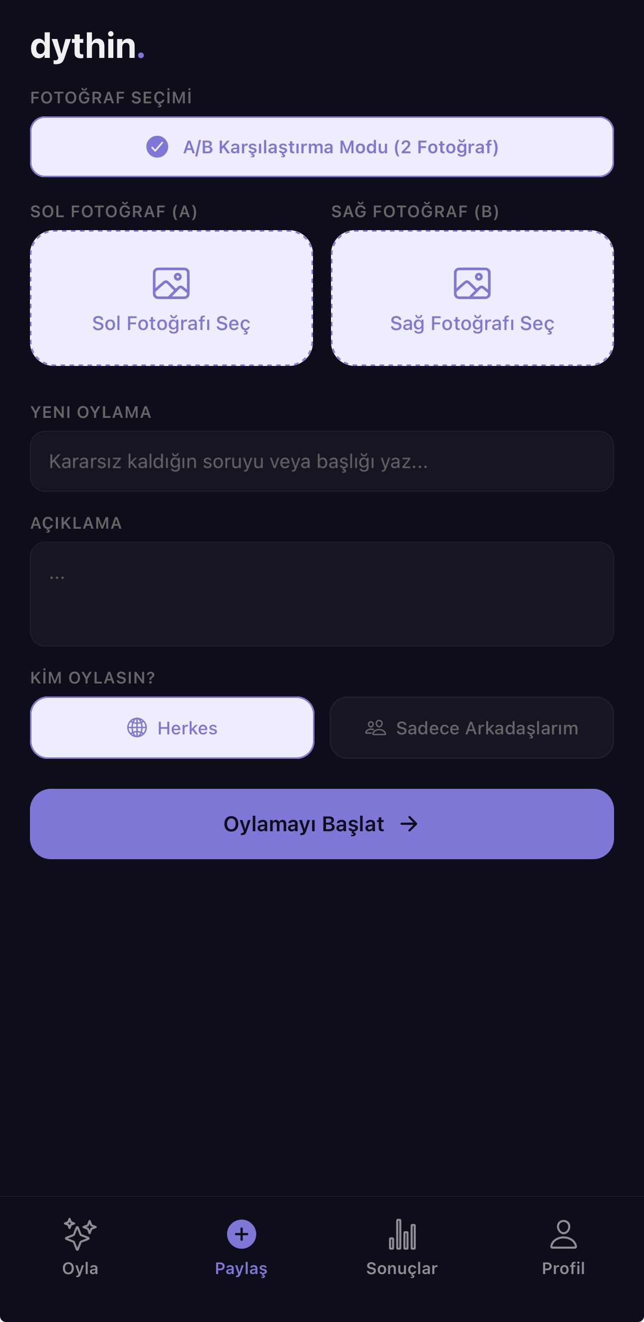 İki fotoğraflı A/B karşılaştırma ekranı