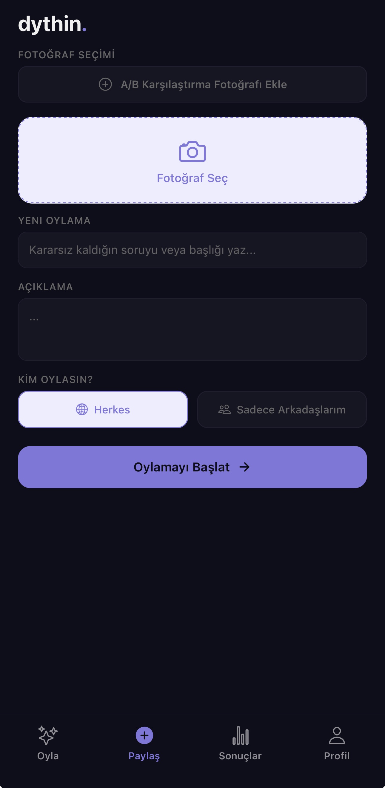 Tek fotoğraflı oylama oluşturma ekranı