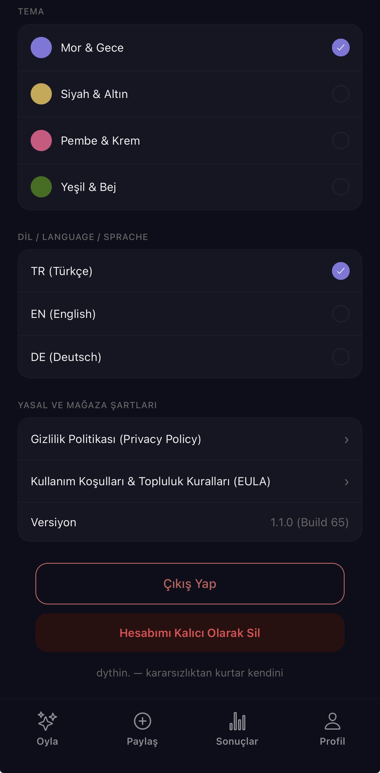 Dythin tema ve dil ayarları